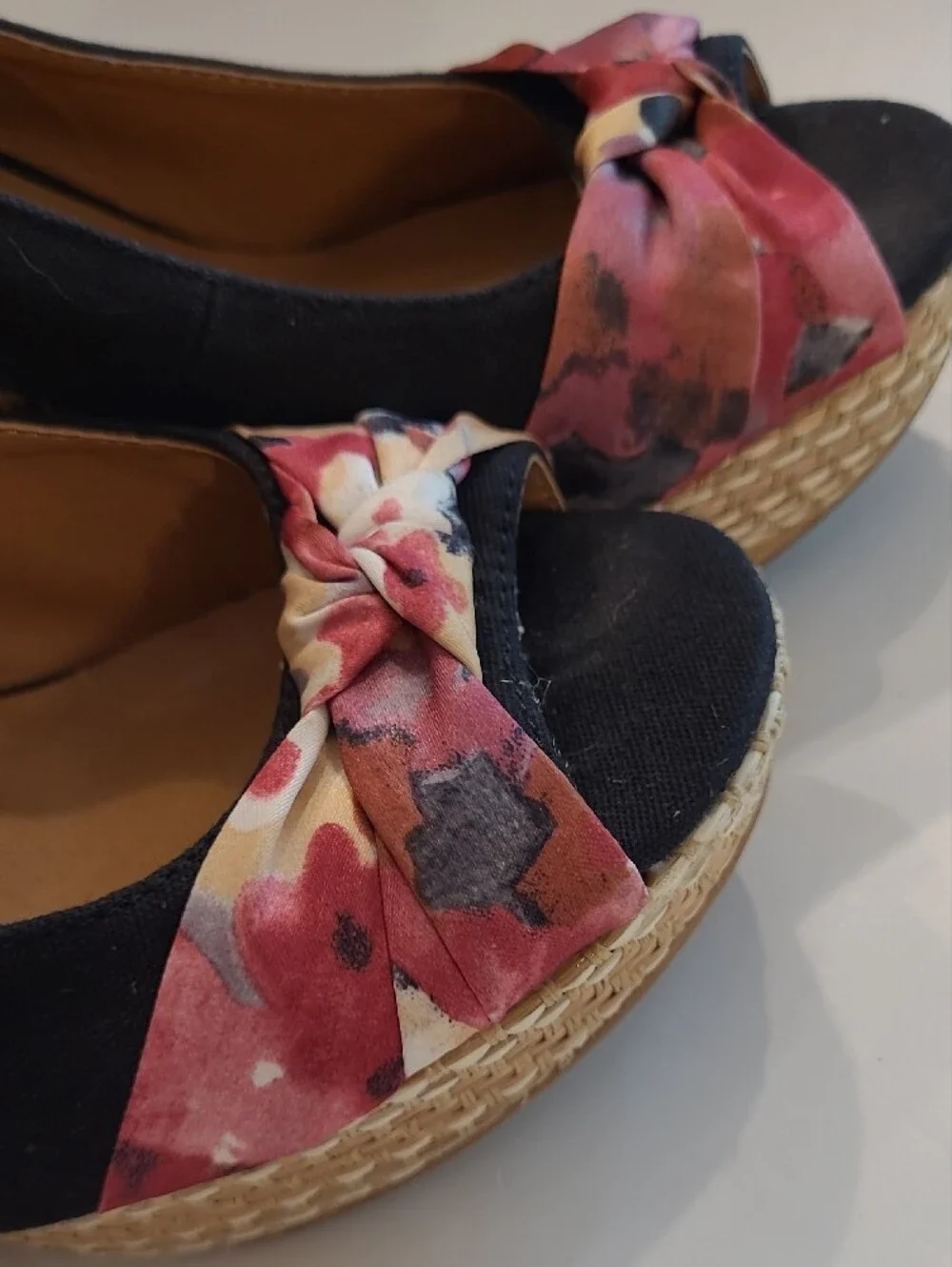 Maurices Wedge Sandals Pink Floral Knot Slingback Espadrille Peep Toe Weave Heel